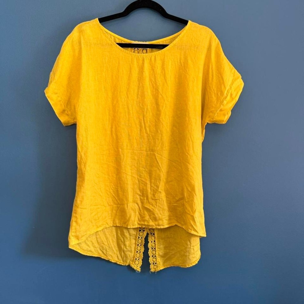 Terzo‎ Millennio Linen Blouse Women's Size Small Yellow Lace Short Sleeve Italy